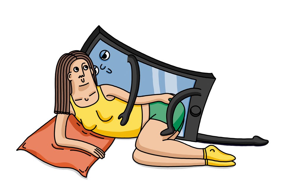 Die Illustration zeigt eine leichtbekleidete Frau, die mit einem lebensgroßen Smartphone auf einem Kissen liegend, Zärtlichkeiten austauscht
