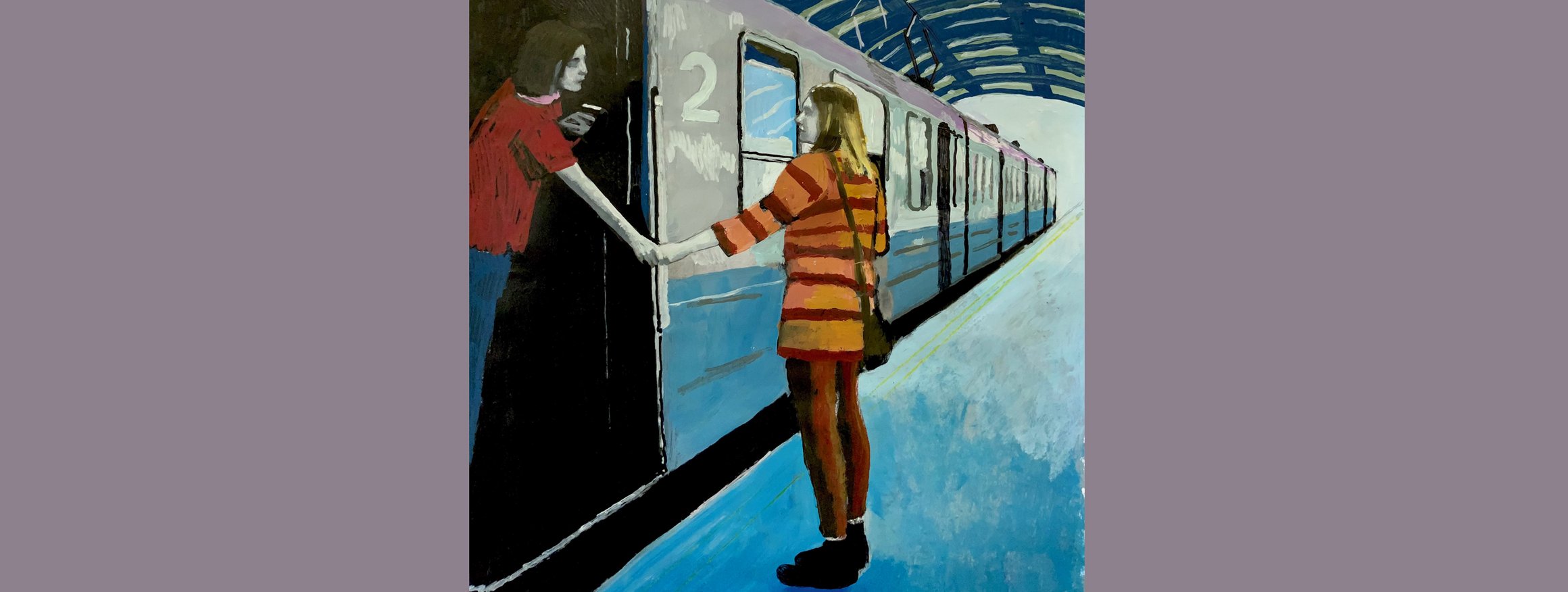 Die Illustration zeigt zwei Frauen, die eine steht im Eingang des Zuges, die andere steht auf dem Bahnsteig, die sich zum Abschied die Hände halten.