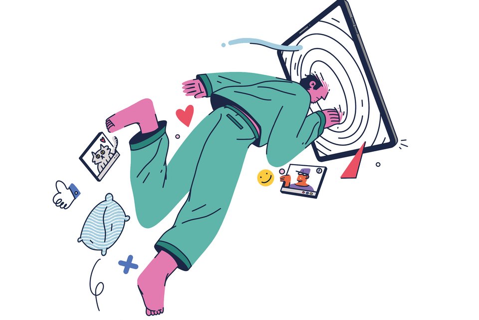 Die Illustration zeigt einen Mann im Pyjama, der schlaflos in ein Smartphone eintaucht
