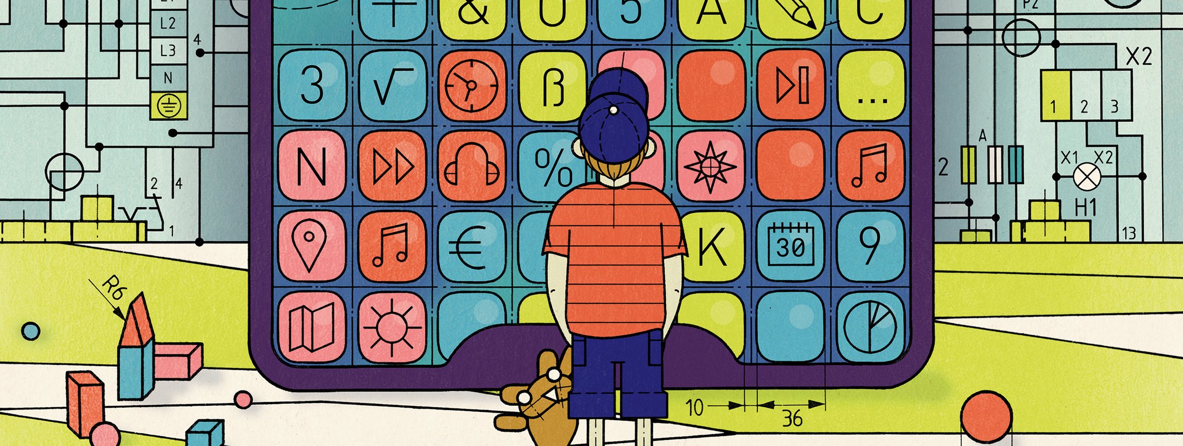 Die Illustration zeigt einen kleine Jungen mit Teddybär, der vor einem riesigen Smartphone steht auf der eine Lernapp ist