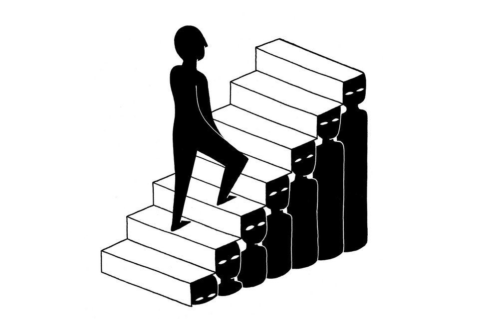 Die Illustration zeigt einen Mann, der auf einer Treppe aus Menschen hinaufsteigt