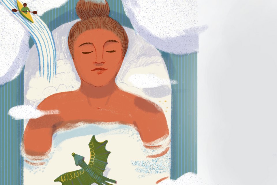 Die Illustration zeigt eine Frau die alleine ein Bad genießt und dabei die Augen geschlossen hat und träumt