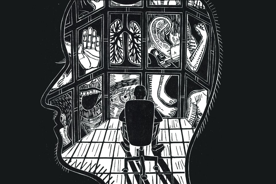 Die Illustration zeigt eine großen Kopf mit einer Person darin, die in einem Bürostuhl sitzt und aus einer Fensterfront schaut. Die Fensterfront besteht aus vielen Fenstern, die auf Organe und Körperteile blicken lassen.