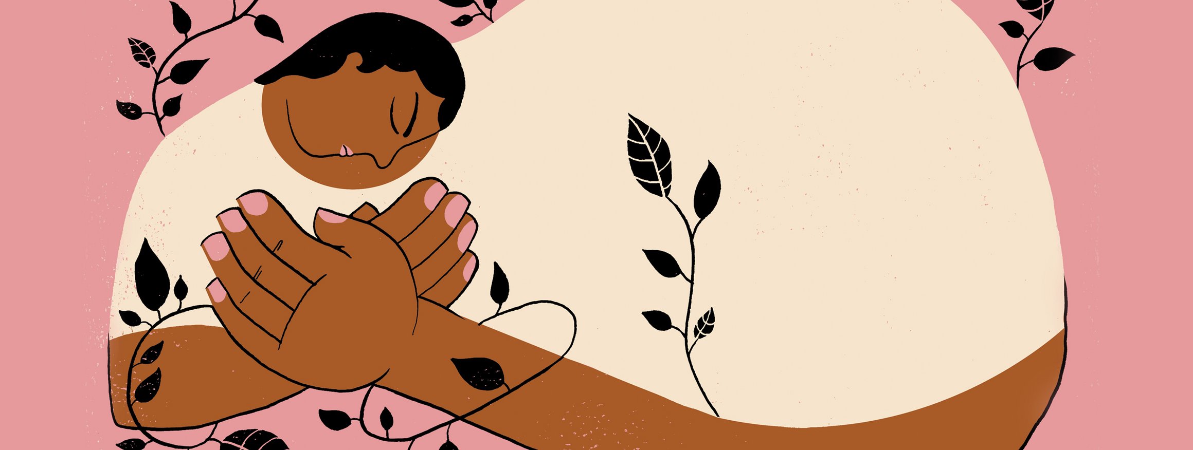 Die Illustration zeigt eine Schwarze Frau, die sich mit sehr großen Händen selbst liebevoll umarmt, während um sie herum zarte Pflanzen wachsen.