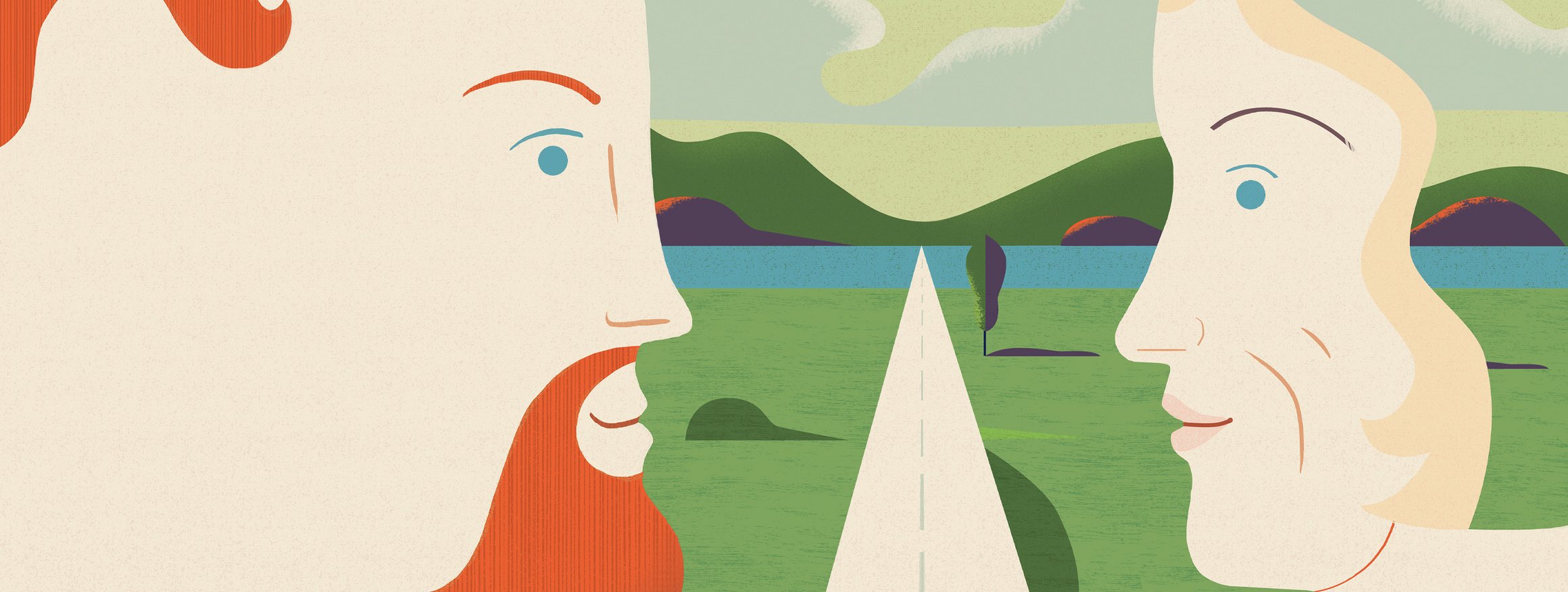 Die Illustration zeigt einen Mann mit Bart und seine Mutter, die sich gegenüber stehen und in die Augen schauen, verbunden mit einem gemeinsamen Weg