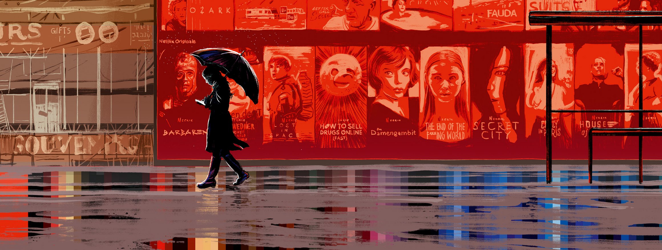 Die Illustration zeigt eine Frau mit Regenmantel, Smartphone und Regenschirm, die während es regnet, an einer großen, roten Netflix-Serienanzeige vorbeiläuft, wobei die Serienfiguren sie mit den Augen verfolgen