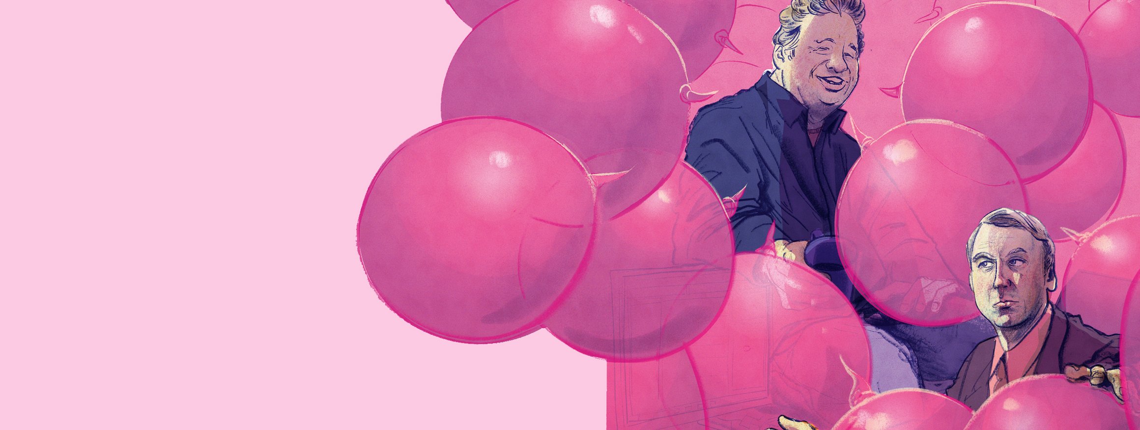 Die Illustration zeigt zwei Männer inmitten von pinkfarbenen Luftballons, während einer der Männer den anderen zutextet