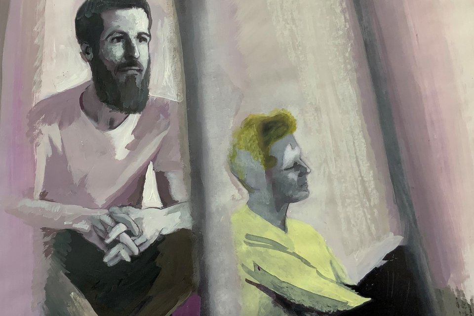 Die Illustration zeigt zwei Männer, die nachdenklich und entspannt auf dem Boden sitzen, an eine Wand gelehnt.