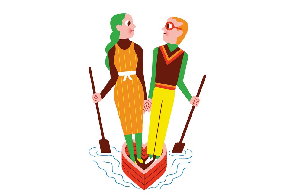 Die Illustration zeigt ein Paar auf einem Holzboot in Form eines Herzens, das sich anschaut und an den Händen hält, mit jeweils einer Paddel in der anderen Hand