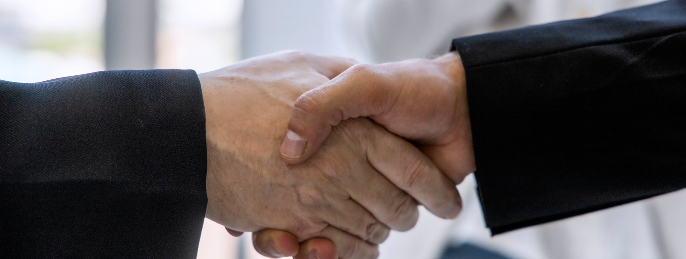 Zwei Personen in dunklen Anzügen geben sich die Hand.