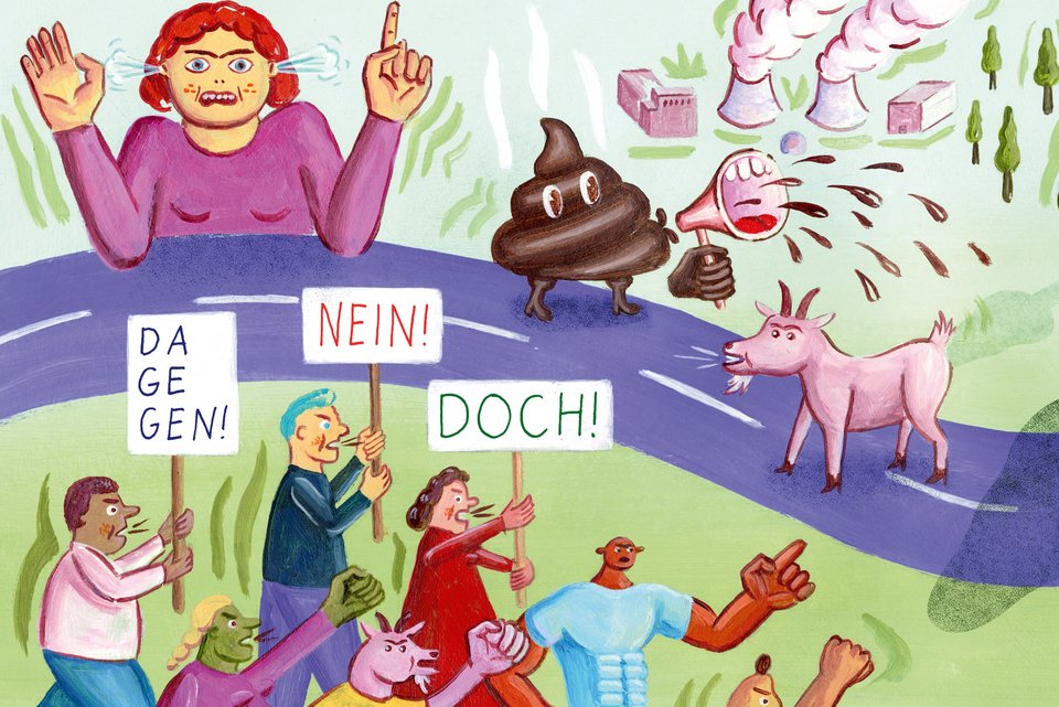 Die Illustration zeigt aufgebrachte und demonstrierende Menschen auf der Straße