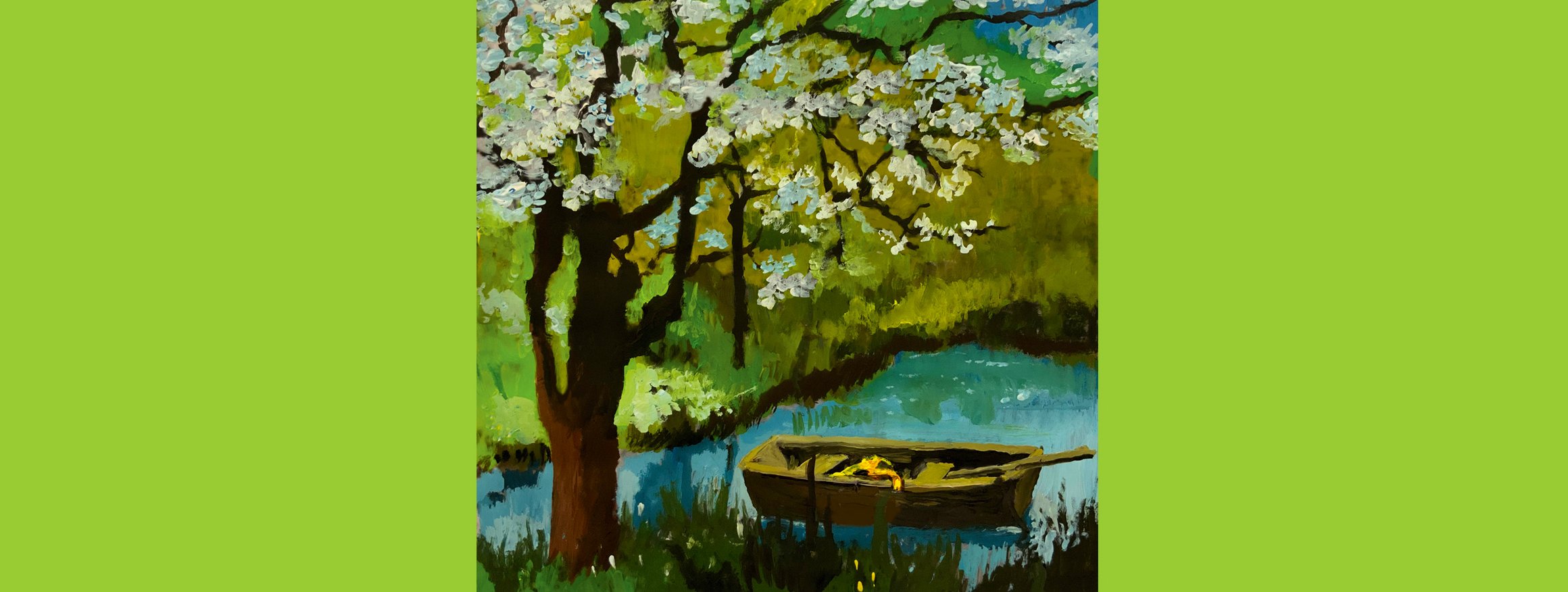 Das Gemälde von Andrea Ventura zeigt ein Boot in einem idyllischen See mit blühender Natur