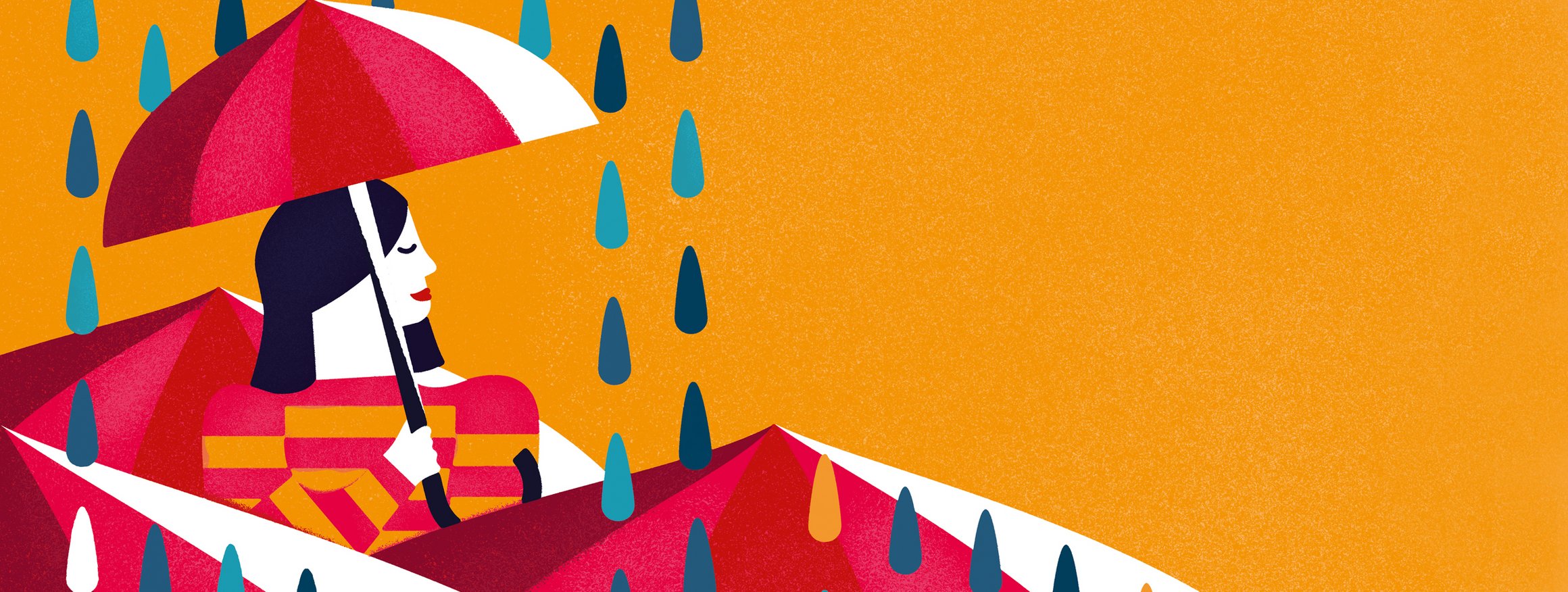Die Illustration zeigt eine Frau mit Regenschirm, während um sie herum die verschieden farbige Regentropfen fallen
