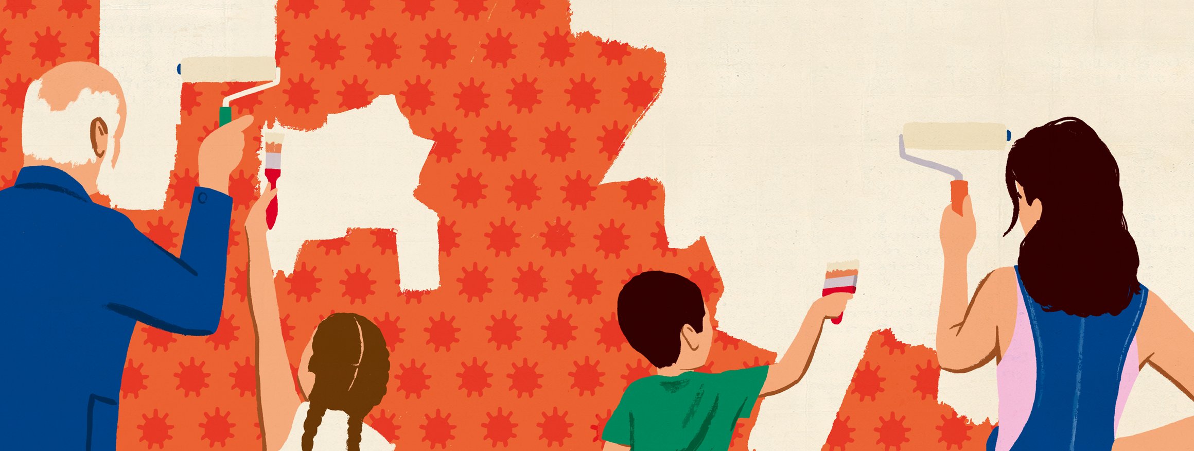 Die Illustration zeigt eine Familie, bestehend aus Großvater, Tochter und zwei Enkelkindern, die gemeinsam eine alte gemusterte Tapete überstreichen