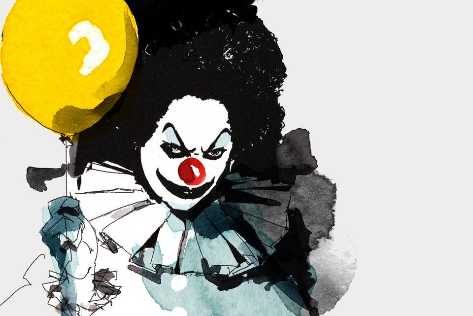 Die Illustration zeigt einen bösartig schauenden Clown mit gelbem Luftballon in der Hand