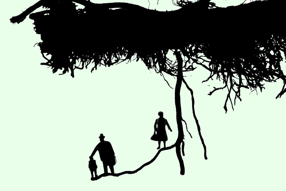 Die Illustration zeigt einen Vater mit seinem Kind an einer abzweigenden Wurzel eines Baumes, während die Mutter allein am Hauptstamm steht