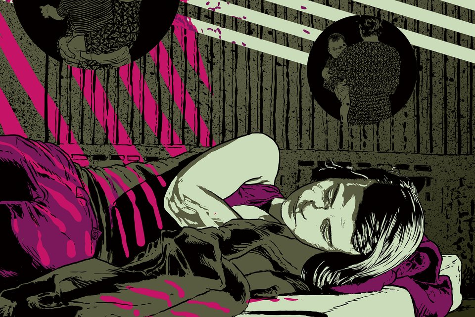Die Illustration zeigt Sophie Scholl, die in ihrer Gefängniszelle schläft und träumt, dass sie Mutter geworden ist