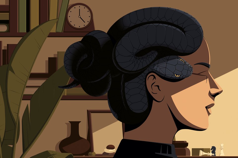 Die Illustration zeigt eine Frau, die als Haare eine gefährliche Schlange als Hochsteckfrisur trägt