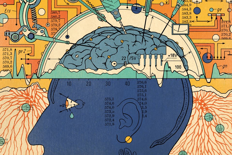 Die Illustration zeigt einen Kopf in dem man in das Gehirn schauen kann, das von mehreren Spritzen behandelt wird, weil man die Moral verbessern möchte