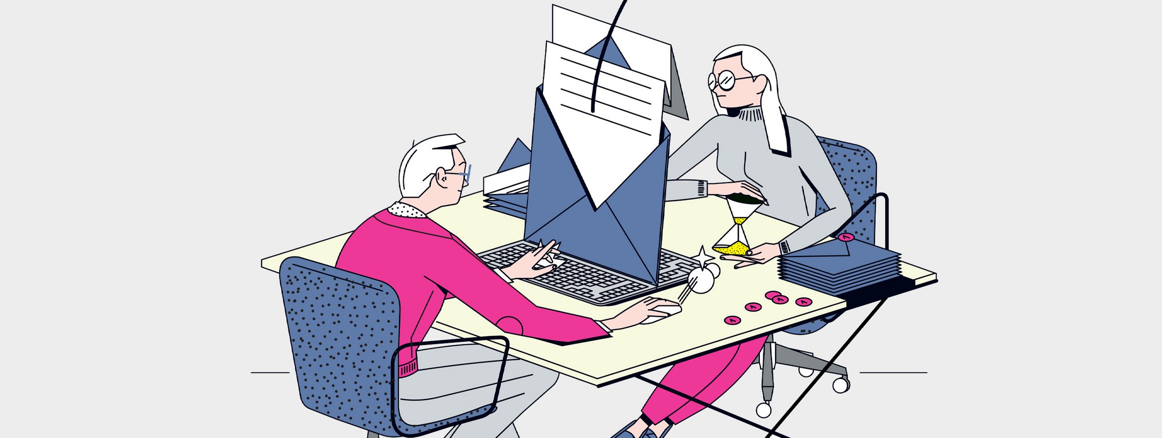 Die Illustration zeigt ein Kollege und eine Kollegin, die sich am Schreibtisch im Büro gegenüber sitzen und sich böse E-Mails schreiben