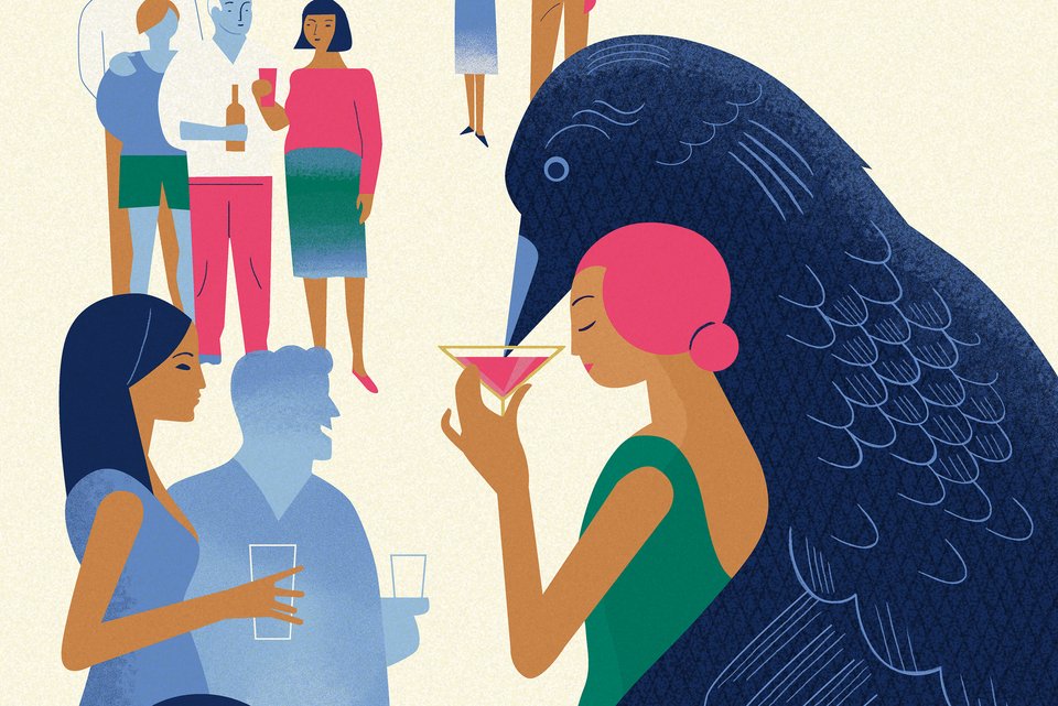 Die Illustration zeigt eine Frau auf einer Cocktail-Party, die geschützt im Arm eines großen, dunklen Vogels steht. Der Vogel nippt an ihrem Cocktail.