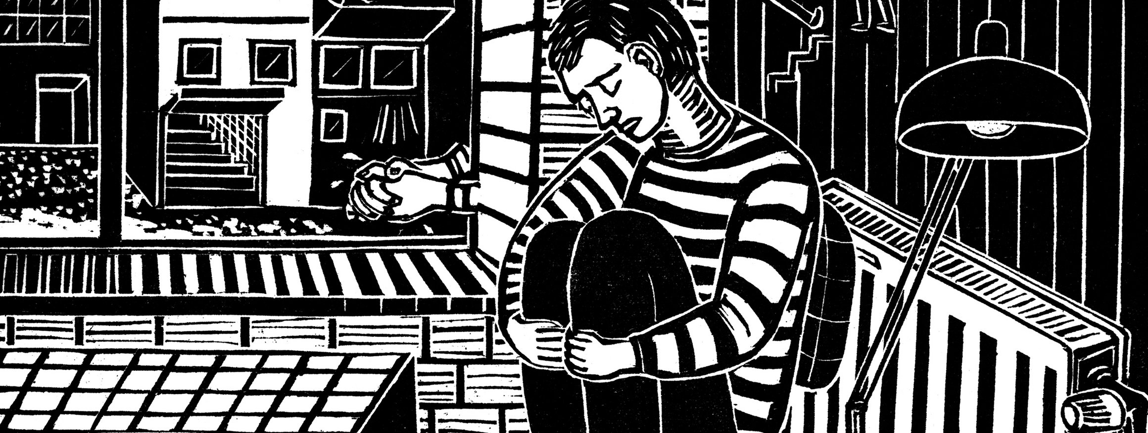 Die Illustration zeigt einen traurigen Mann in einem Zimmer auf einem Stuhl kauernd, dahinter die Gedanken, die ihn quälen