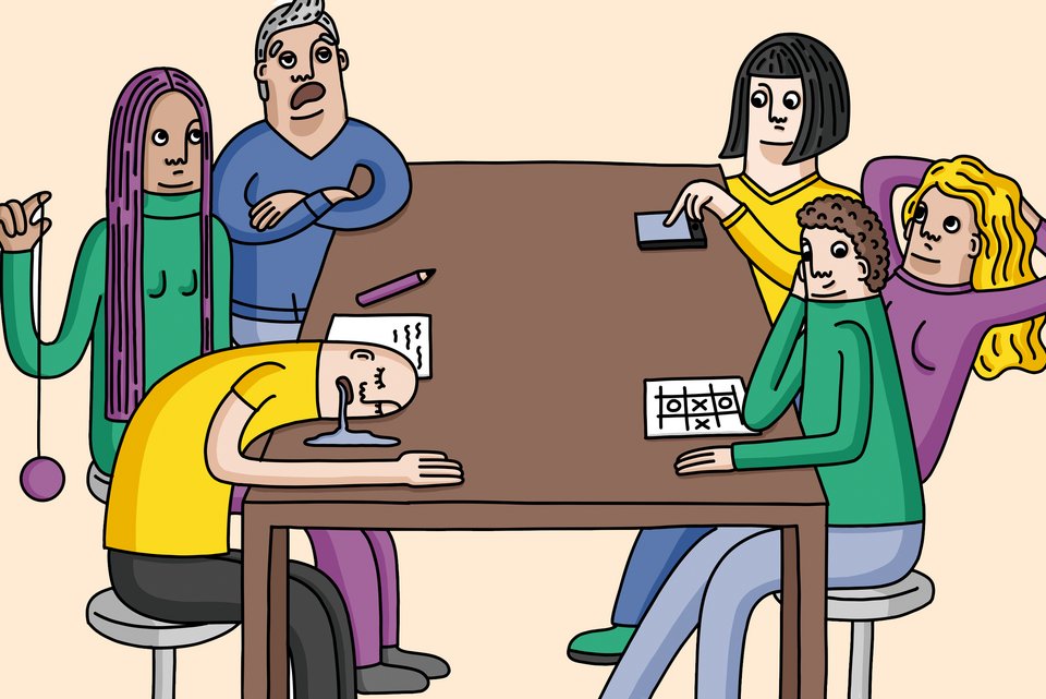 Die Illustration zeigt eine Gruppe von Personen bei einem Meeting an einem Tisch und alle langweilen sich