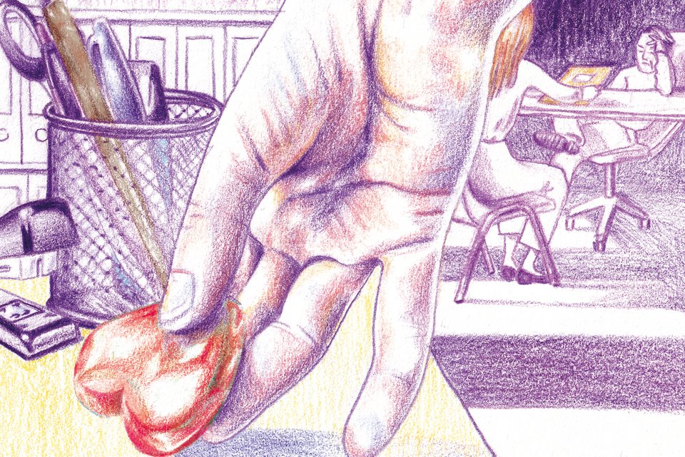 Die Illustration zeigt eine Hand, die ein rotes Herz auf den Schreibtisch legt, während im Hintergrund ein Vorgesetzter mit einer Mitarbeiterin ein Gespräch führt