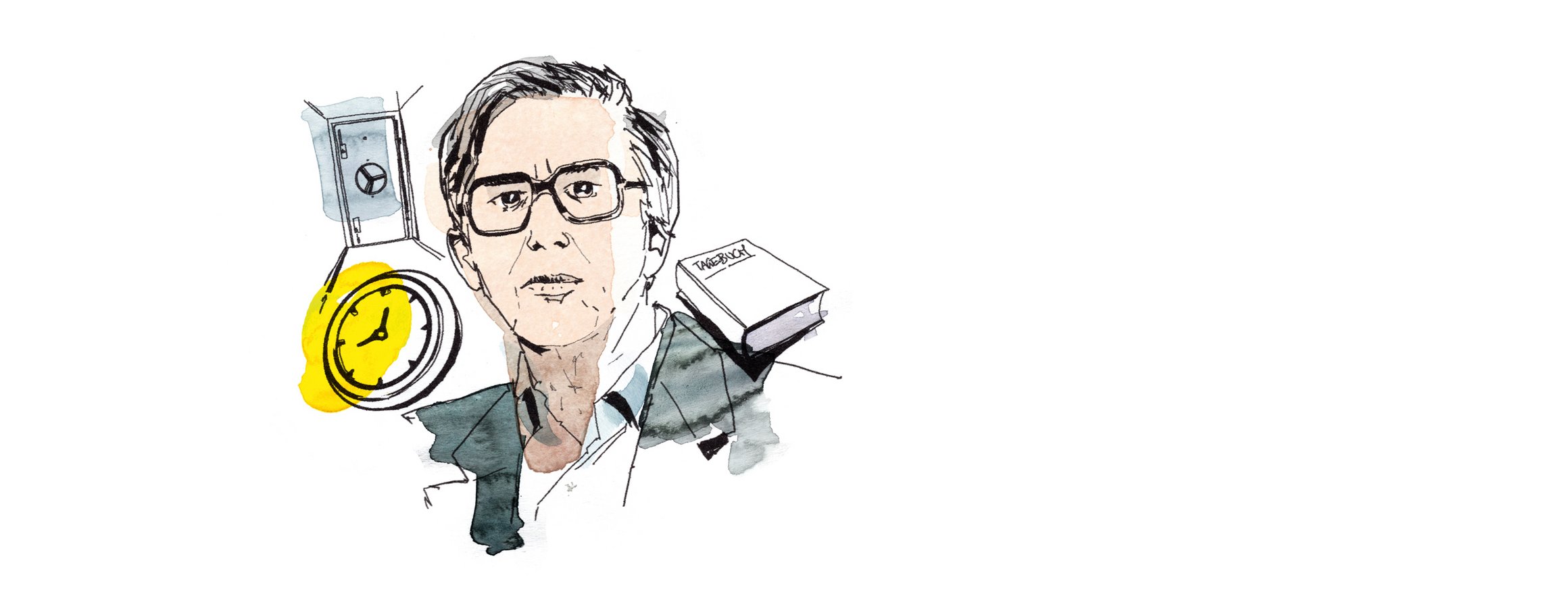 Die Illustration zeigt den Leiter des Max-Planck-Instituts für Verhaltenspsychologie, Jürgen Aschoff, Anfang der 60er Jahre, vor einer Bunkertür, daneben ist eine Uhr und ein Tagebuch