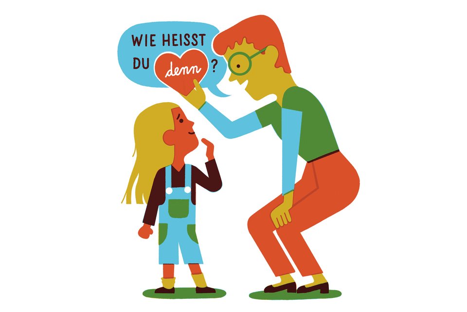 Die Illustration zeigt eine erwachsene Person, die freundlich ein kleines Mädchen anspricht mit sogenannten Partikeln, die kommunikationsfördernd sind