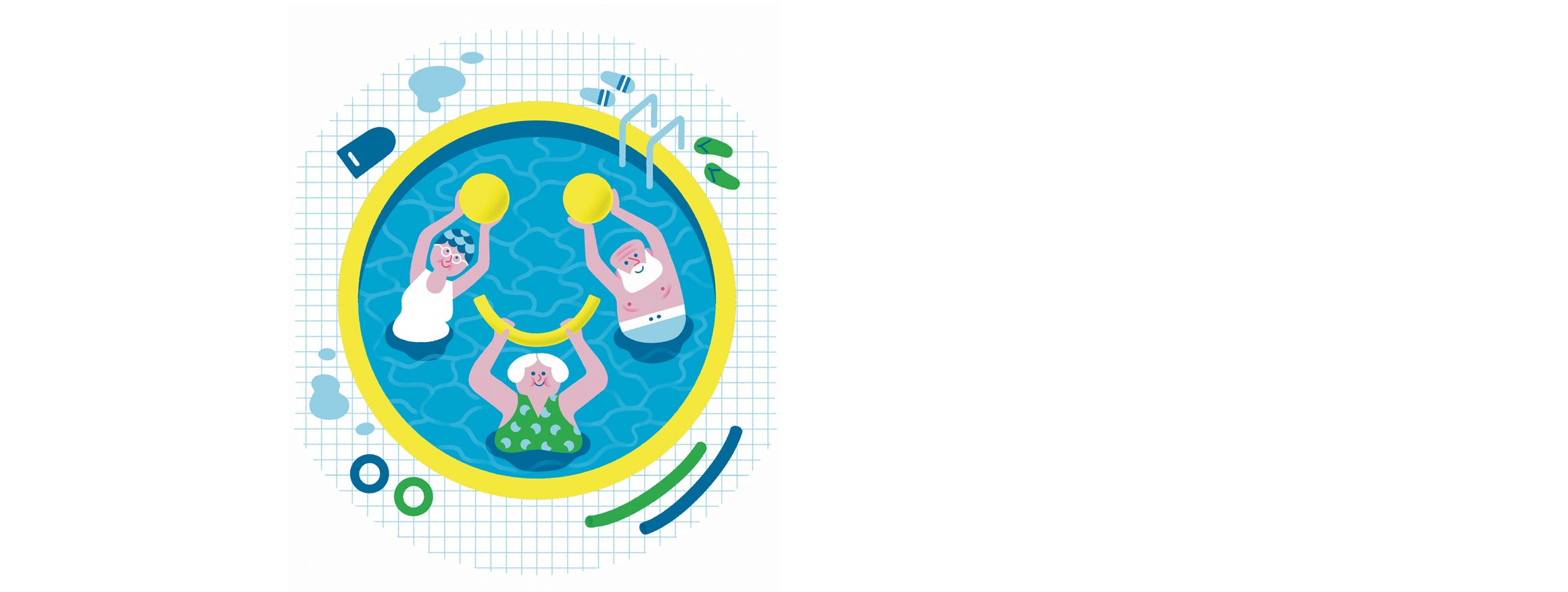 Die Illustration zeigt drei ältere Menschen mit Bällen und Schwimmnudel fröhlich in einem Pool