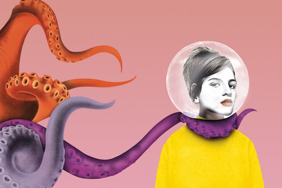 Die Illustration zeigt eine junge Frau mit gelben Oberteil mit einer durchsichtigen Blase um den Kopf, um deren Hals sich lange Arme eines Kraken schlingen