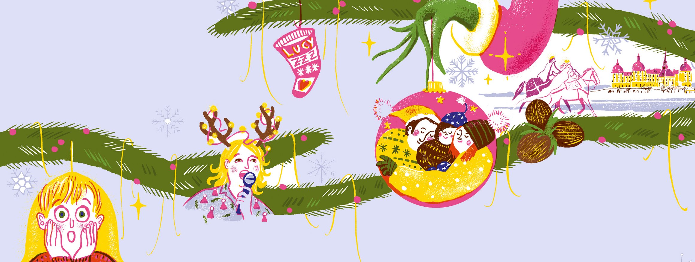 Die Illustration zeigt verschiedene berühmte Weihnachtsfilmfiguren, wie zum Beispiel den Grinch 