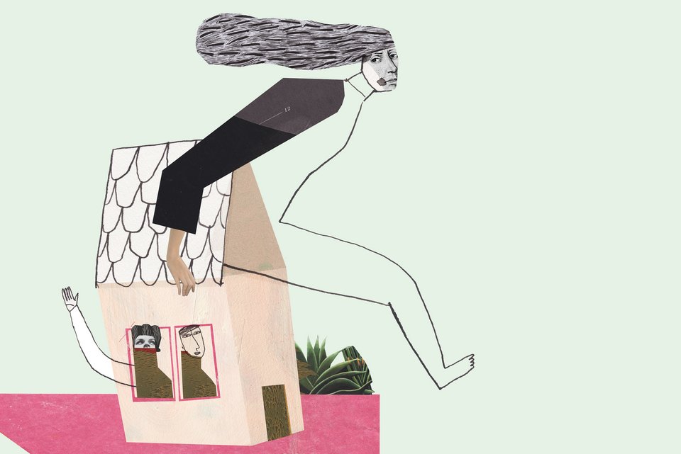 Die Illustration zeigt eine Frau mit langen Haaren, die wegläuft und unter ihrem Arm ein Haus trägt mit zwei Personen darin