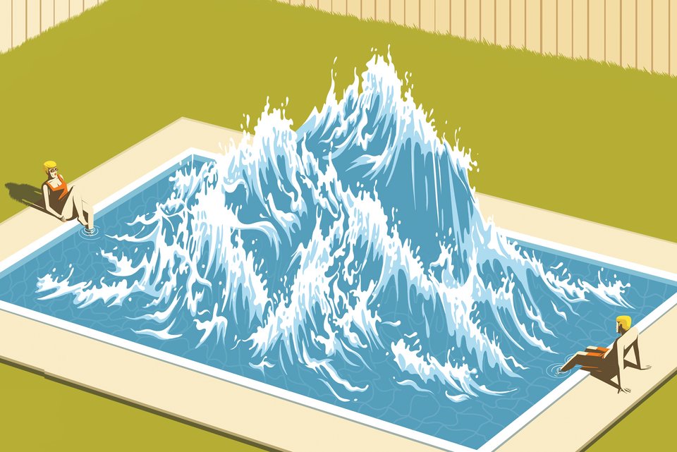Die Illustration zeigt eine Frau und ein Mann, die sich im Swimmingpool gegenüber sitzen, dazwischen schlägt das Wasser hohe Wellen