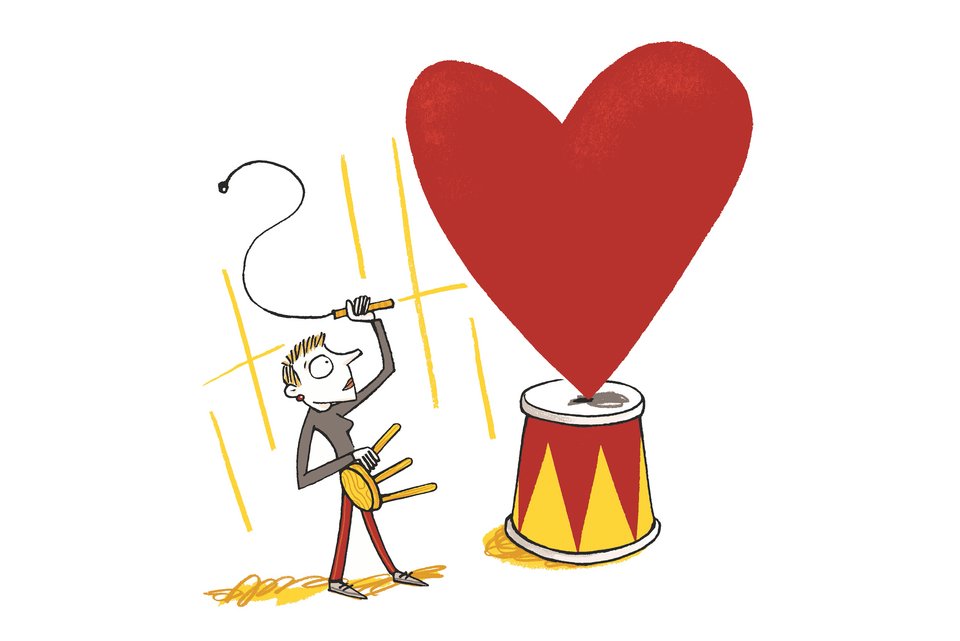 Die Illustration zeigt eine Frau als Domteurin, die eine  Peitsche vor einem großen roten Herz schwingt in einer Zirkusarena.