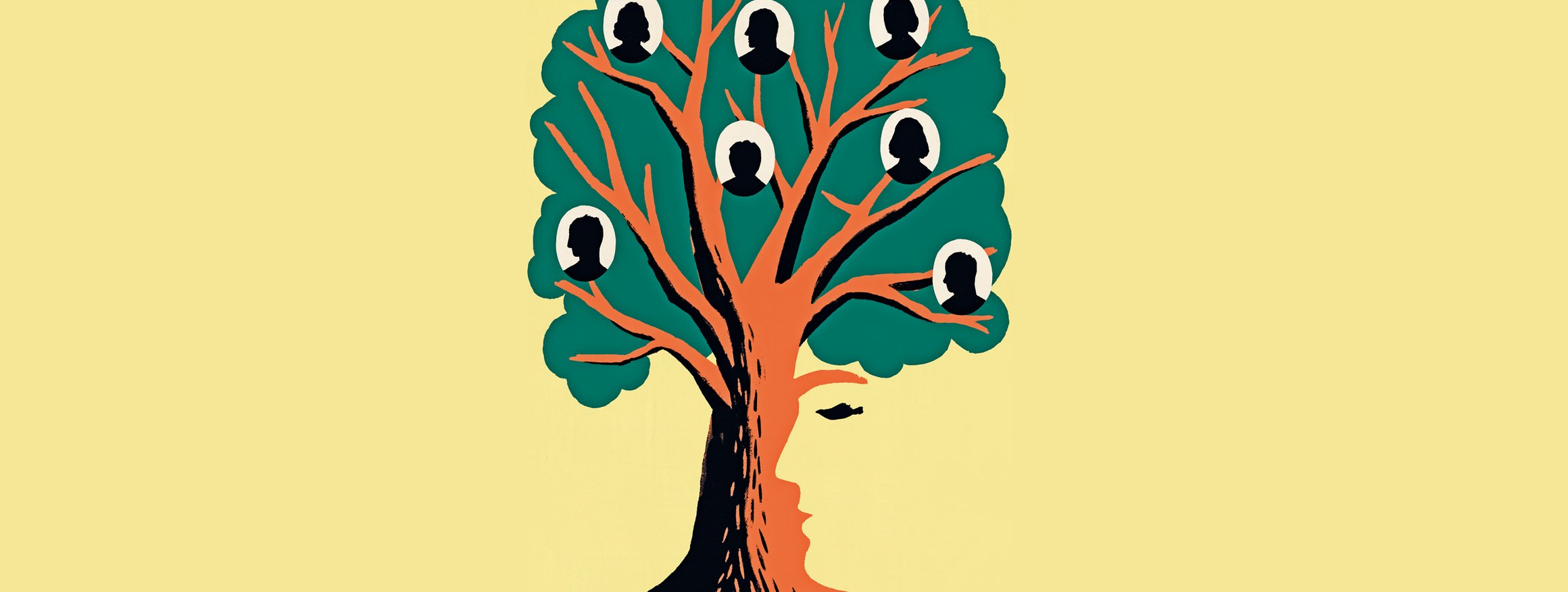 Die Illustration zeigt einen großen Baum, in dessen Stamm ein Gesicht zu sehen ist, und in der Baumkrone sind verschiedene Personen als Silhouette zu sehen