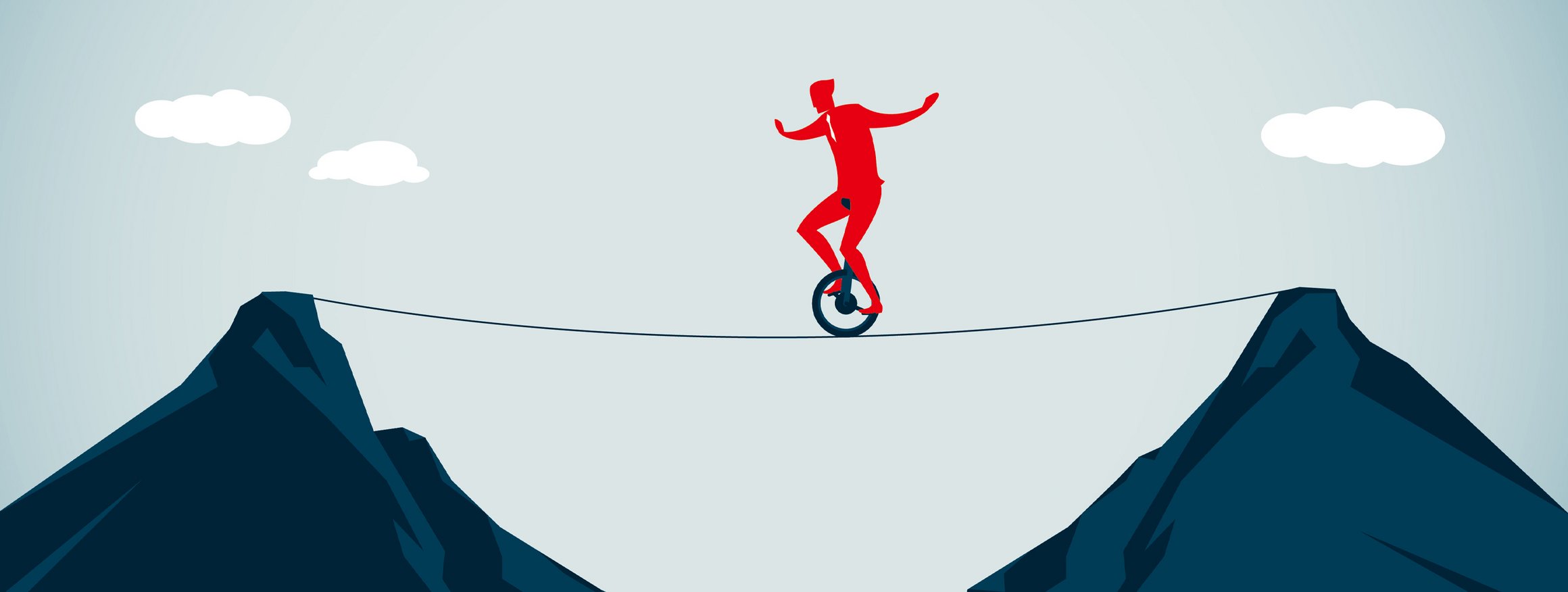 Die Illustration zeigt einen roten Mann im Anzug auf einem Einrad, der riskant auf einem Seil von einer Bergspitze zur anderen balanciert