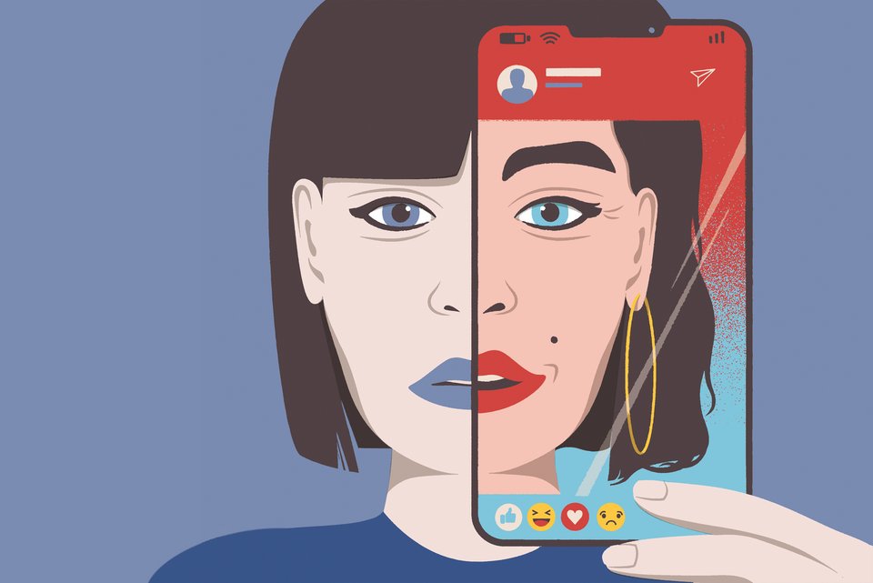 Die Illustration zeigt eine junge Frau, die ihr Smartphone vor das Gesicht hält, während man auf dem Display ihr verschönertes, künstliches Gesicht sieht