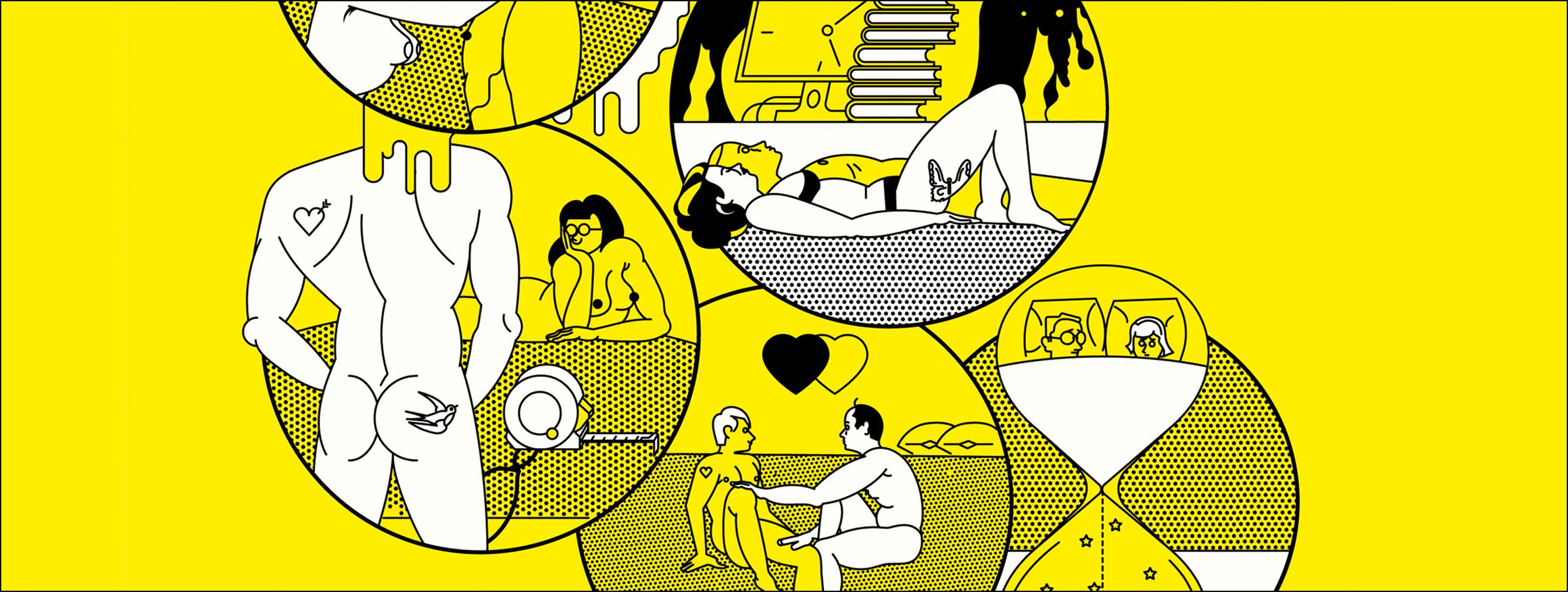 Die Illustration zeigt Paare vor, während und nach dem Sex beziehungswiese, dem Versuch Sex zu haben, der nicht klappt