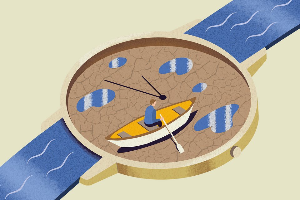 Die Illustration zeigt einen Mann in einem Ruderboot auf dem Trockenen in einer Uhr und das Armband ist ein fließendes Gewässer.