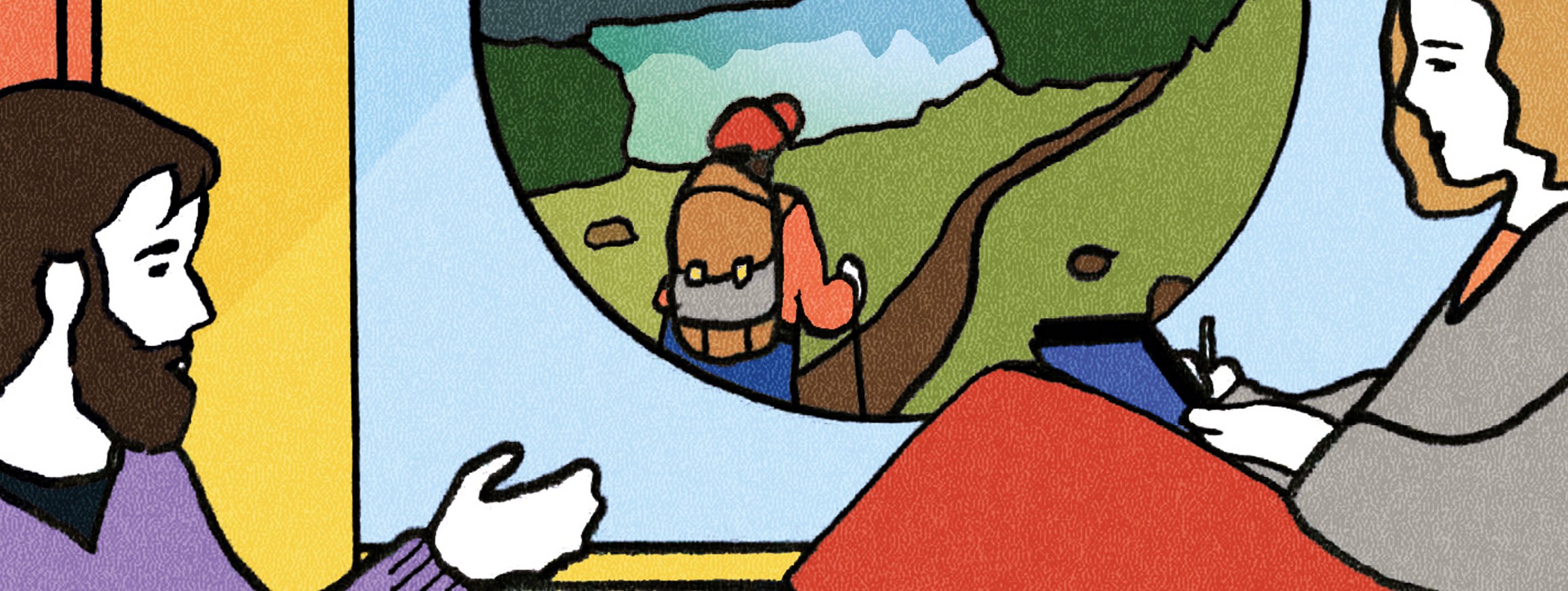 Die Illustration zeigt eine Therapeutin mit ihrem Patienten, dahinter ein Ausblick auf eine Landschaft in der eine Person mit Rucksack, Kappe und Stöcken wandert