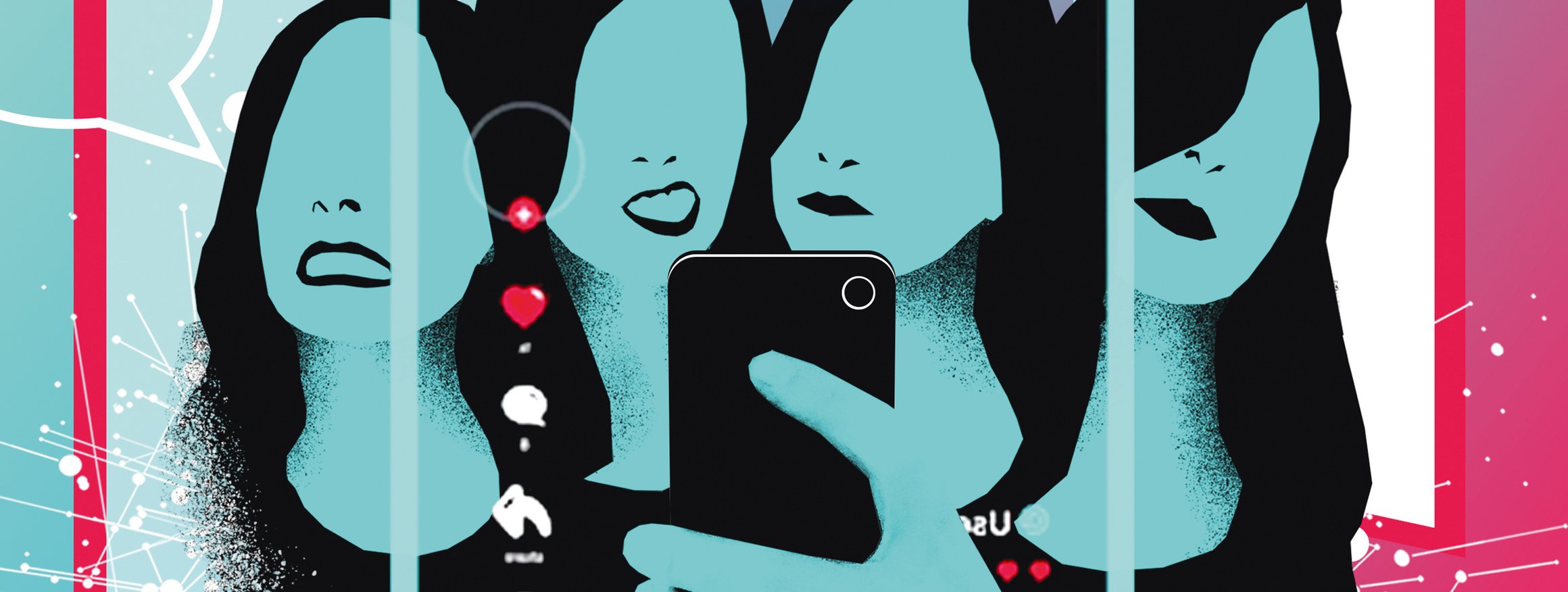 Die Illustration zeigt vierfach eine Jugendliche, die sich mit Grimassen mit ihrem Smartphone für TicTok aufnimmt