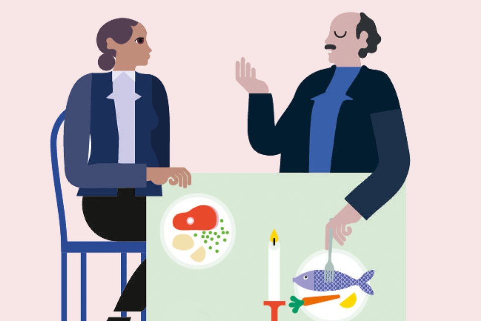Die Illustration zeigt zwei Personen im Business-Outfit beim gemeinsamen Geschäftsessen im Restaurant