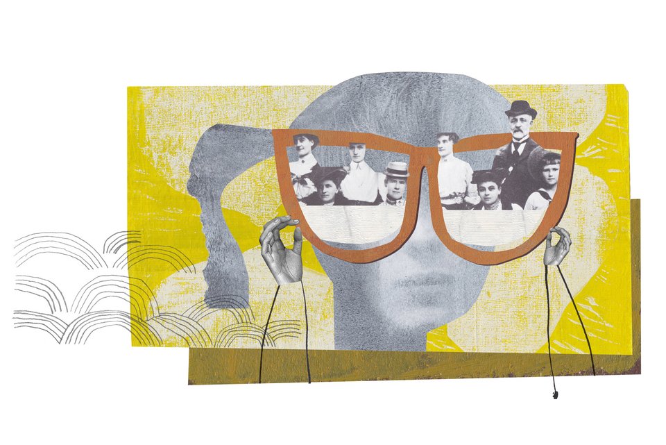 Die Illustration zeigt eine Frau mit einer Riesenbrille auf der Nase, in den Brillengläsern sitzen alle Verwandten