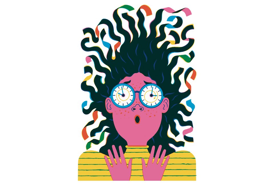 Die Illustration zeigt eine Frau mit wilden Haaren und Uhren als Augen, die aufgeregt schaut