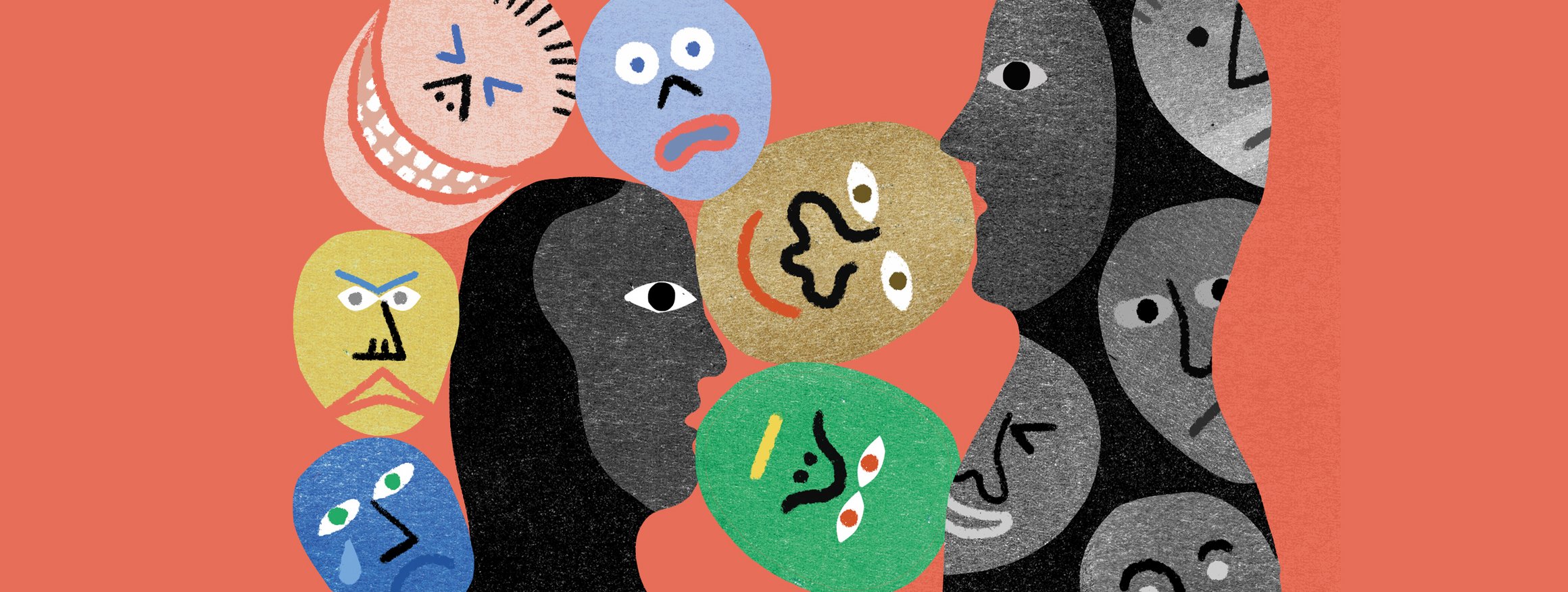 Die Illustration zeigt zwei dunkle Figuren, von denen eine Figur graue Emojis in sich trägt und bei der anderen bunte Emojis um sie herumschwirren