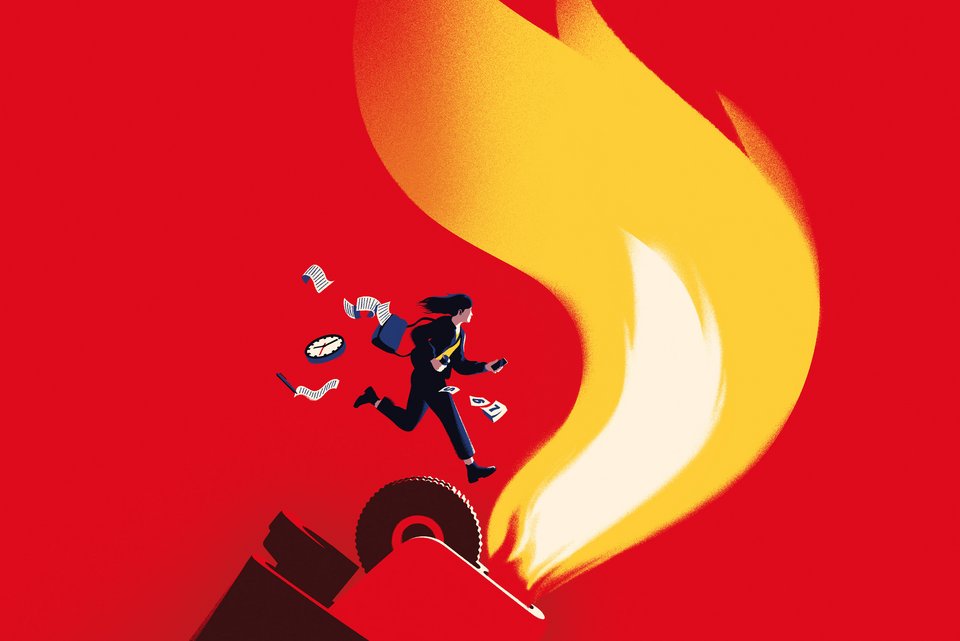 Die Illustration zeigt eine Frau, die gehetzt von ihren vielen to-dos´s hinein ins lodernde Feuer springt.