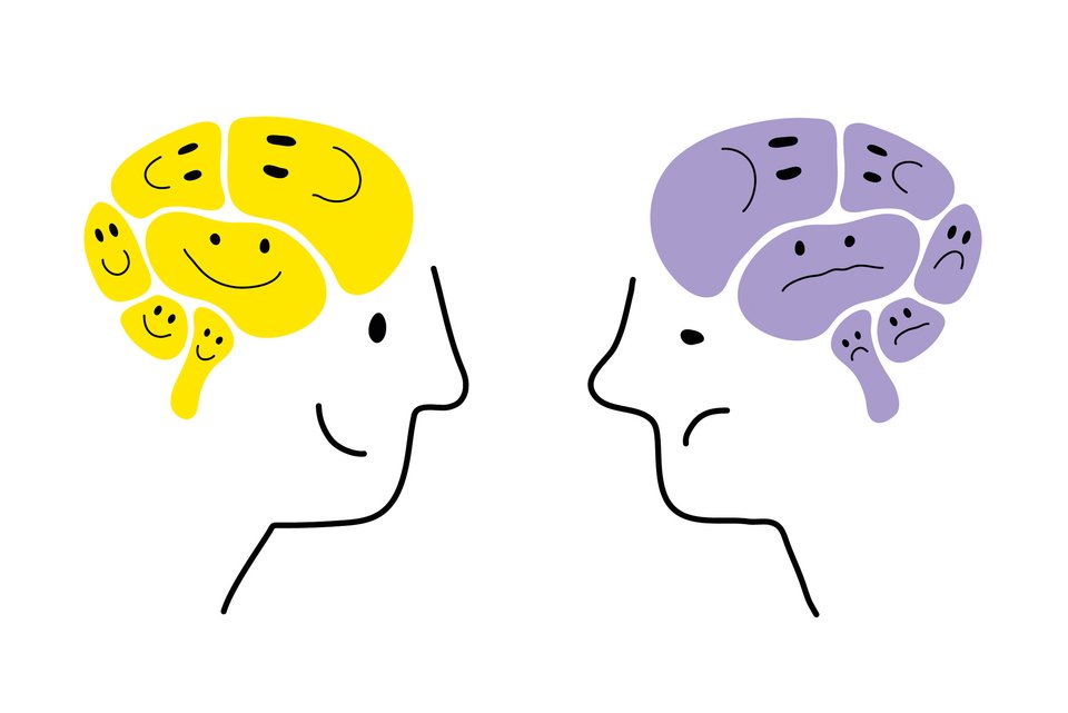 Die Illustration zeigt einen fröhlichen und einen traurigen Kopf, in denen jeweils ein Gehirn mit lächelnden und traurigen Gesichtern zu sehen sind