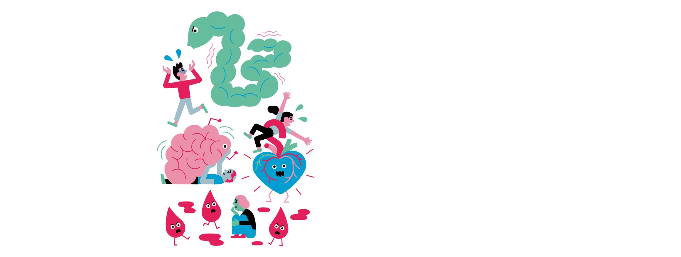 Die Illustration zeigt Organe, wie zum Beispiel Darm, Gehirn oder Herz, die Menschen Angst machen und sie unter anderem in den Schwitzkasten nehmen und bedrohen und dabei böse schauen